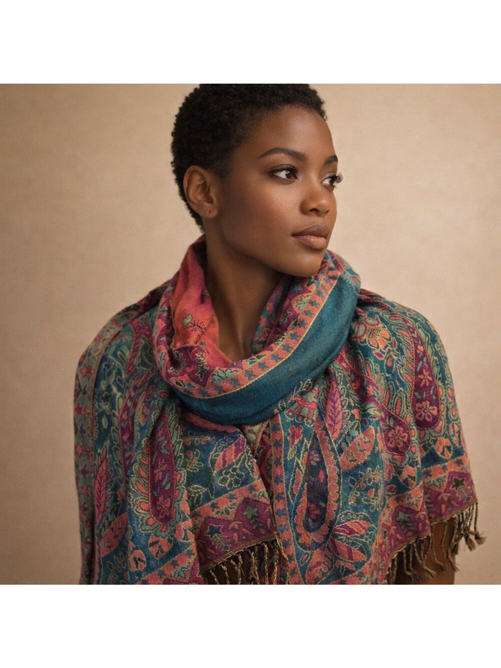 Pashmina Silk Luxurious Bohemian Whimsy Scarf Wrap Paisley Fringe 67x24”